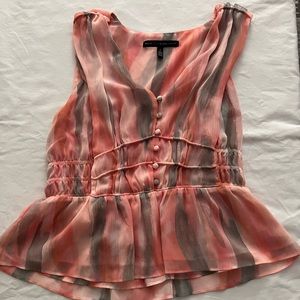 White House Black Market Peach, Pink & Grey vertical striped top with peplum.